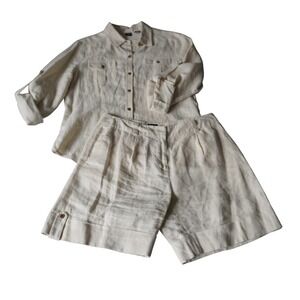 SFA Linen Set Women's Shirt & Shorts Beige Buttoned Cuffed Sleeve‎ Casual